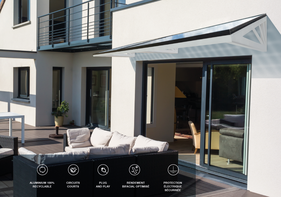 Marquise photovoltaïque ELECTRON Solenn installée sur façade